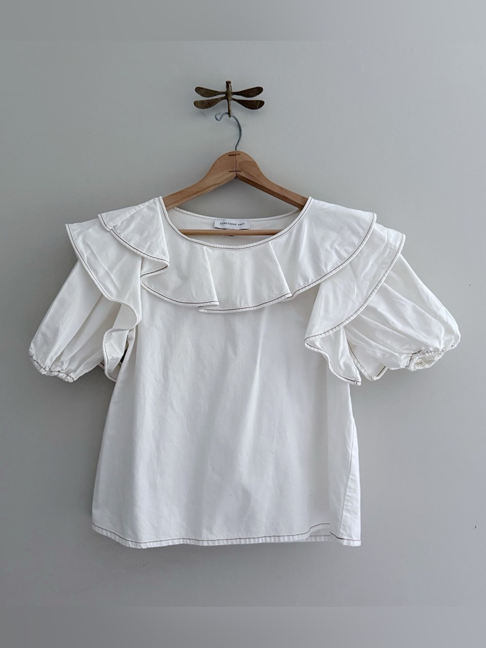 Something Navy White Felix Ruffle Top Poplin Cotton XS